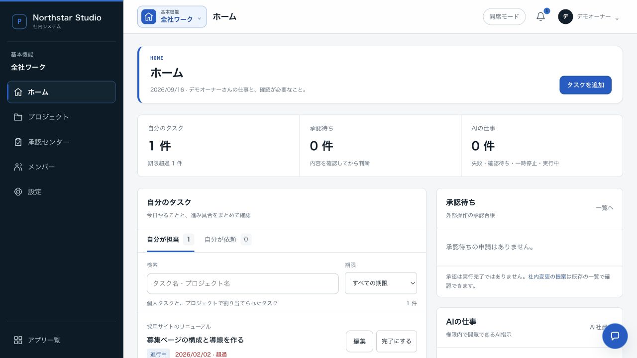 ホームの実画面（デモデータ）：今日の仕事と、確認が必要なこと